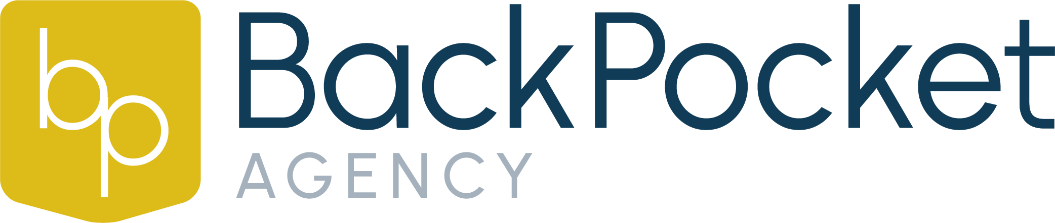 BackPocket Agency logo with a white "bp" monogram on a gold pocket shape, accompanied by "BackPocket" in dark blue and "Agency" in gray.