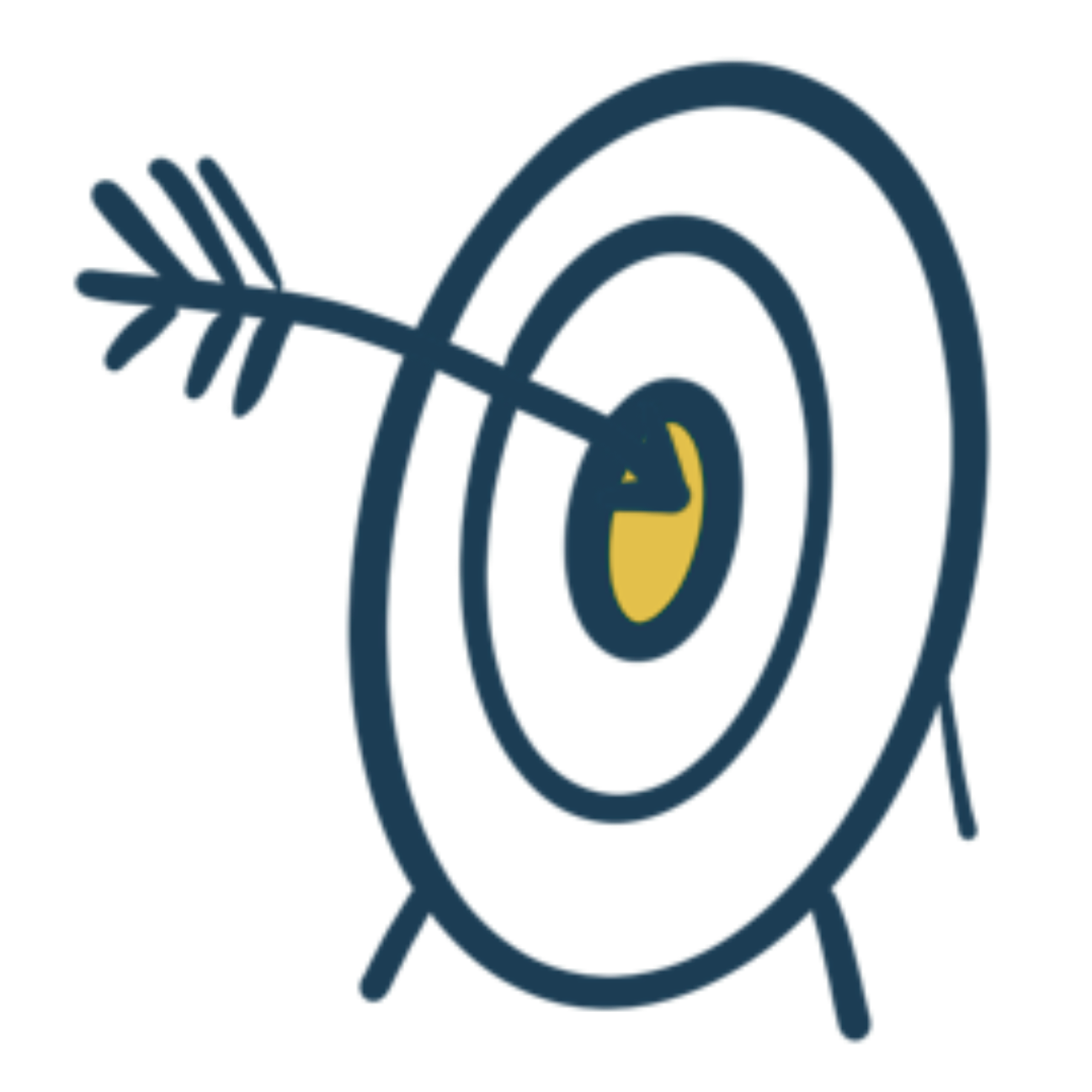 Hand-drawn bullseye target with an arrow hitting the center in navy blue and gold.