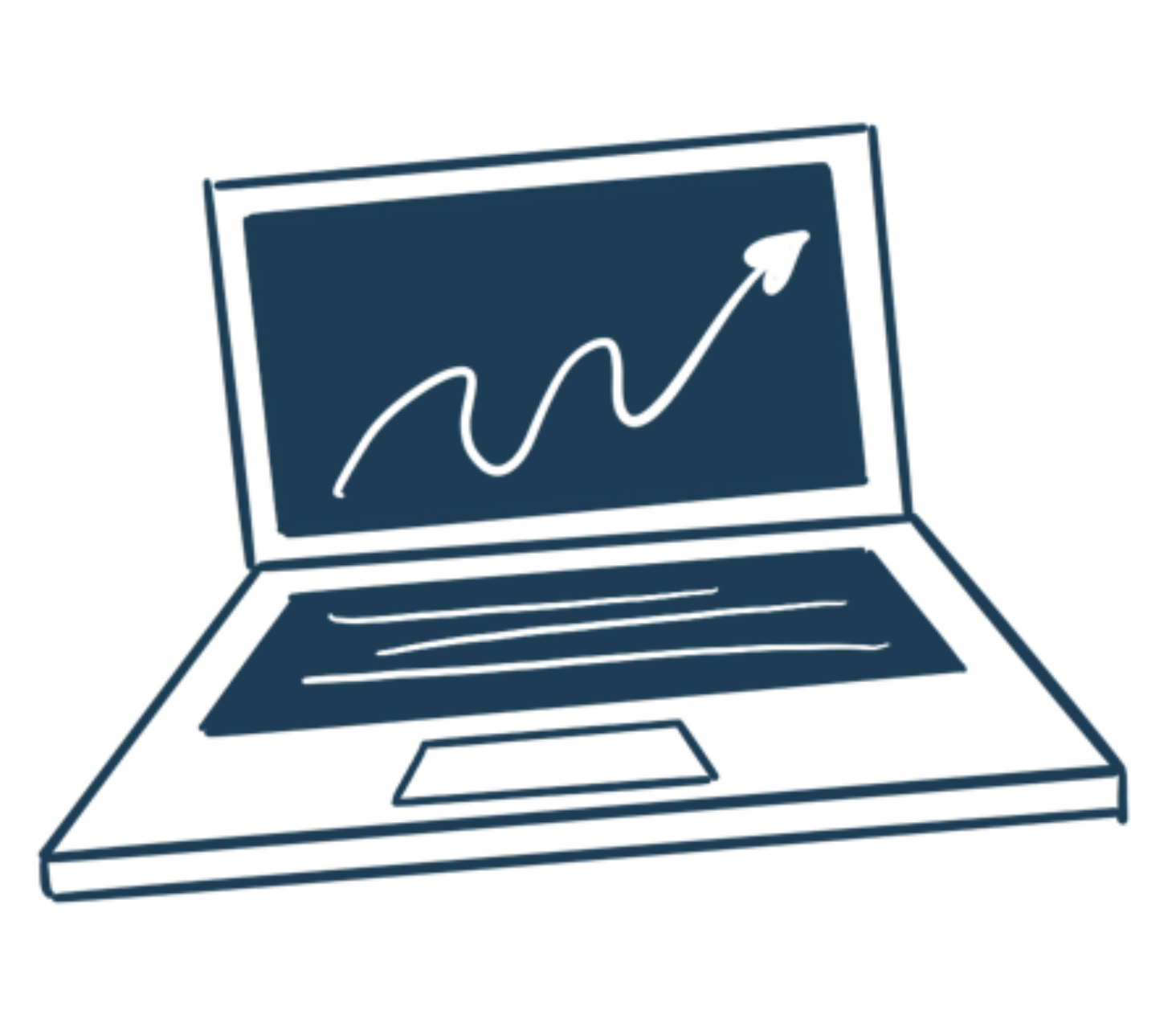 Hand-drawn laptop icon in navy blue with an upward-trending arrow on the screen.