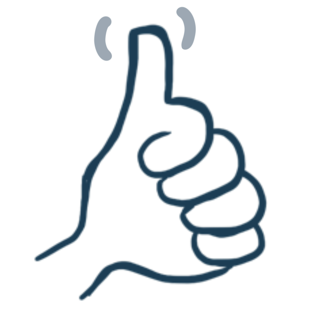 Hand-drawn thumbs-up icon in navy blue with motion lines indicating approval or success.