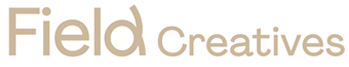 Field Creatives logo featuring the words "Field Creatives" in a modern, beige-colored font with a stylized design element on the letter "d."