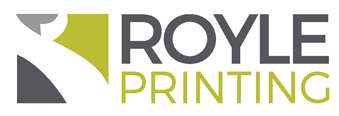 Royle Printing logo featuring with "ROYLE" in bold gray text and "PRINTING" in green.